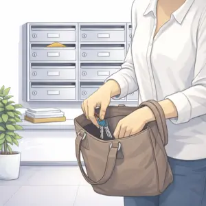 Eine Frau holt Schlüssel aus ihrer Tasche